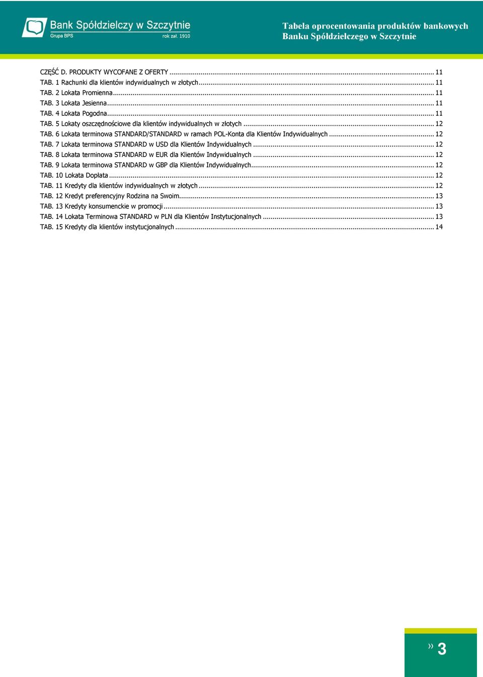 .. 12 TAB. 9 Lokata terminowa STANDARD w GBP dla Klientów Indywidualnych... 12 TAB. 10 Lokata Dopłata... 12 TAB. 11 Kredyty dla klientów indywidualnych w złotych... 12 TAB. 12 Kredyt preferencyjny Rodzina na Swoim.