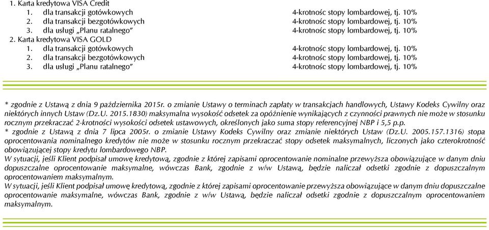 10% 3. dla usługi Planu ratalnego 4-krotnośc stopy lombardowej, tj. 10% * zgodnie z Ustawą z dnia 9 października 2015r.