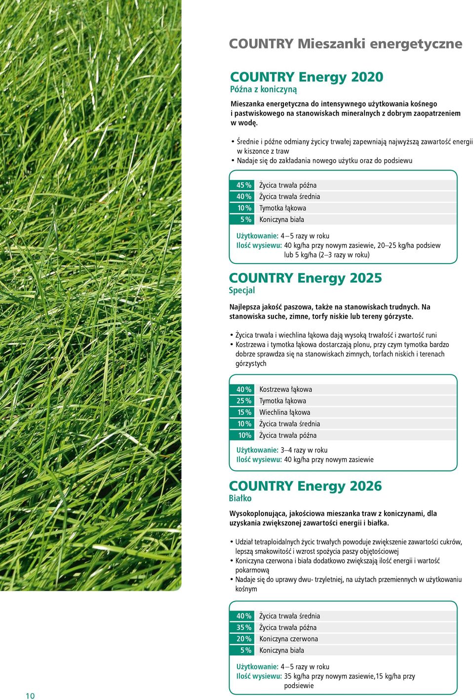 Życica trwała średnia Tymotka łąkowa Koniczyna biała Użytkowanie: 4 5 razy w roku Ilość wysiewu: 40 kg/ha przy nowym zasiewie, 20 25 kg/ha podsiew lub 5 kg/ha (2 3 razy w roku) COUNTRY Energy 2025