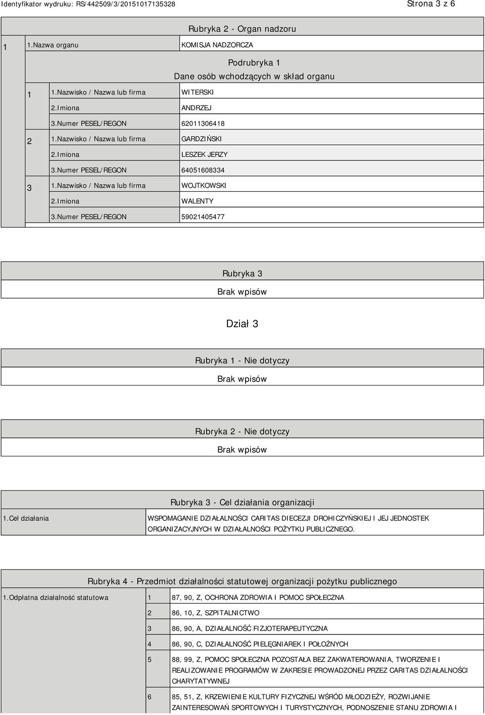 Numer PESEL/REGON 59021405477 Rubryka 3 Dział 3 Rubryka 1 - Nie dotyczy Rubryka 2 - Nie dotyczy Rubryka 3 - Cel działania organizacji 1.