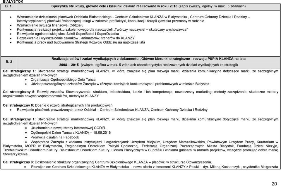 zakresie profilaktyki, konsultacji i terapii zjawiska przemocy w rodzinie Wzmacnianie sytuacji finansowej Oddziału Kontynuacja realizacji projektu szkoleniowego dla nauczycieli Twórczy nauczyciel