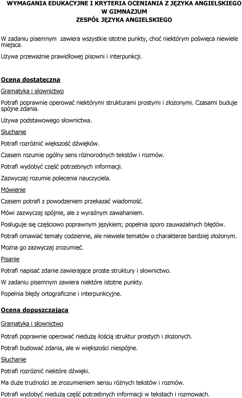 Słuchanie Potrafi rozróżnić większość dźwięków. Czasem rozumie ogólny sens różnorodnych tekstów i rozmów. Potrafi wydobyć część potrzebnych informacji. Zazwyczaj rozumie polecenia nauczyciela.