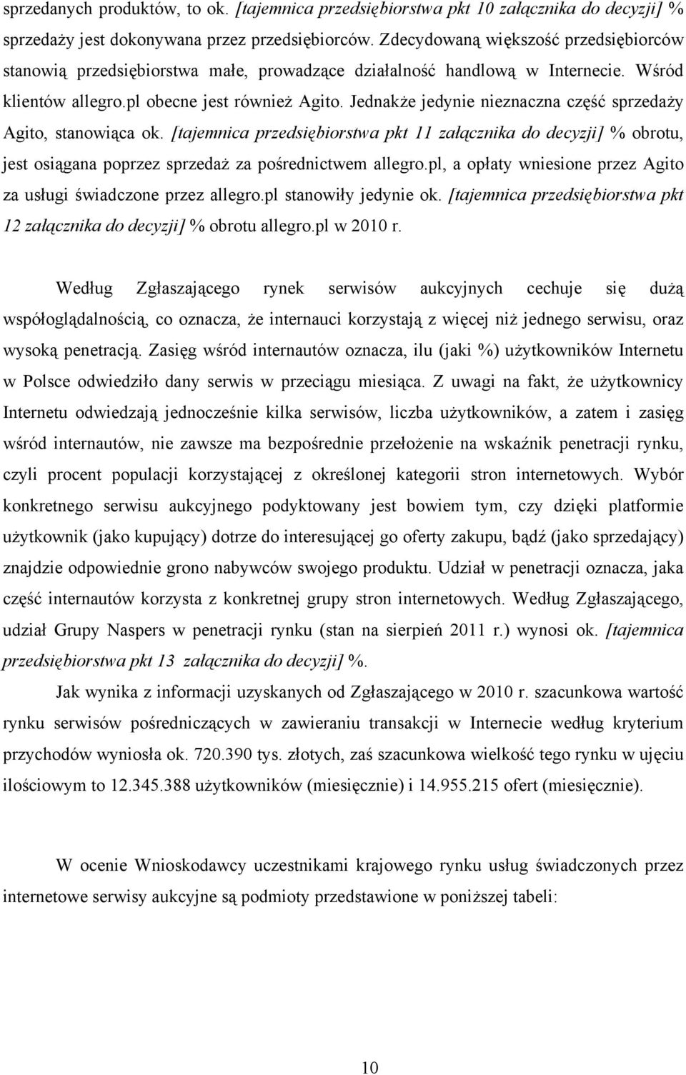 Jednakże jedynie nieznaczna część sprzedaży Agito, stanowiąca ok. [tajemnica przedsiębiorstwa pkt 11 załącznika do decyzji] % obrotu, jest osiągana poprzez sprzedaż za pośrednictwem allegro.