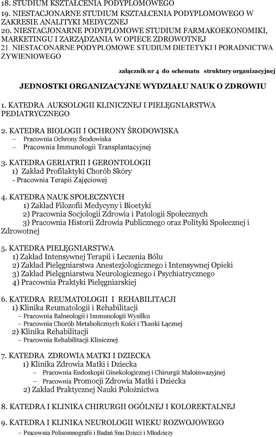 NIESTACONARNE PODYPLOMOWE STUDIUM DIETETYKI I PORADNICTWA ŻYWIENIOWEGO załącznik nr 4 do schematu struktury organizacyjnej JEDNOSTKI ORGANIZACYJNE WYDZIAŁU NAUK O ZDROWIU 1.