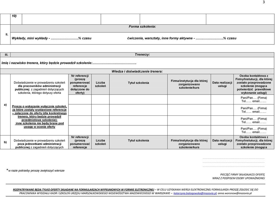 oferty) Liczba szkoleń Wiedza i doświadczenie trenera: Tytuł szkolenia Firma/instytucja dla której zorganizowano szkolenie/kurs Data realizacji usługi Osoba kontaktowa z Firmy/Instutucji, dla której