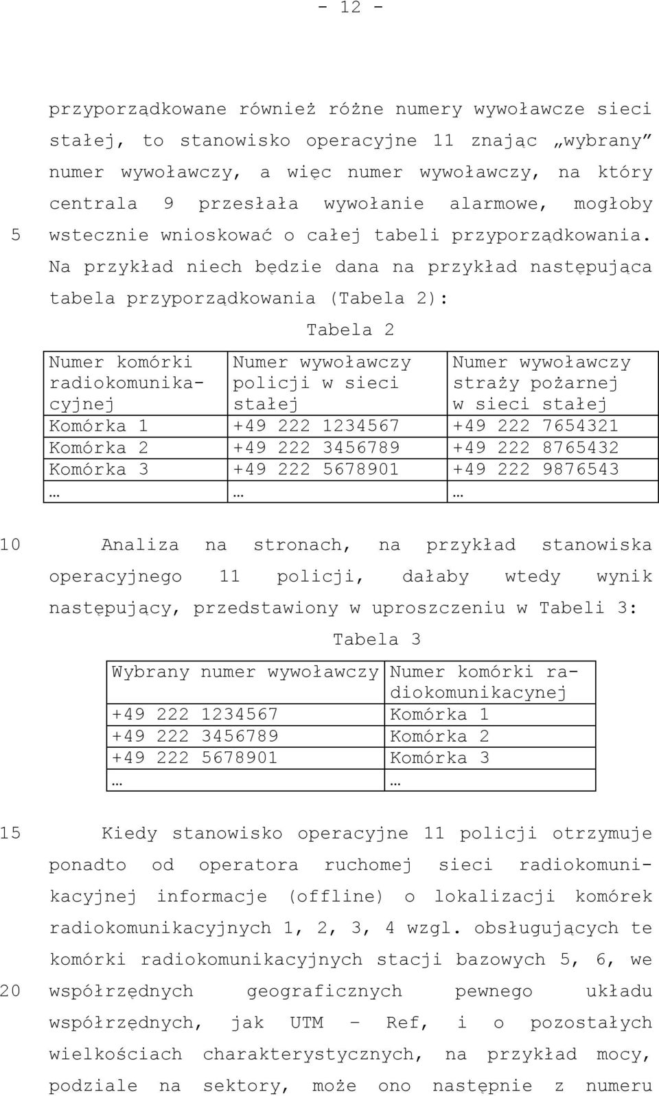 Na przykład niech będzie dana na przykład następująca tabela przyporządkowania (Tabela 2): Numer komórki radiokomunikacyjnej Tabela 2 Numer wywoławczy policji w sieci stałej Numer wywoławczy straży