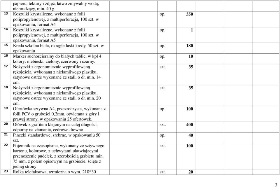 w op. 180 opakowaniu 16 Marker suchościeralny do białych tablic, w kpl 4 op. 10 kolory: niebieski, zielony, czerwony i czarny. 17 NoŜyczki z ergonomicznie wyprofilowaną szt.