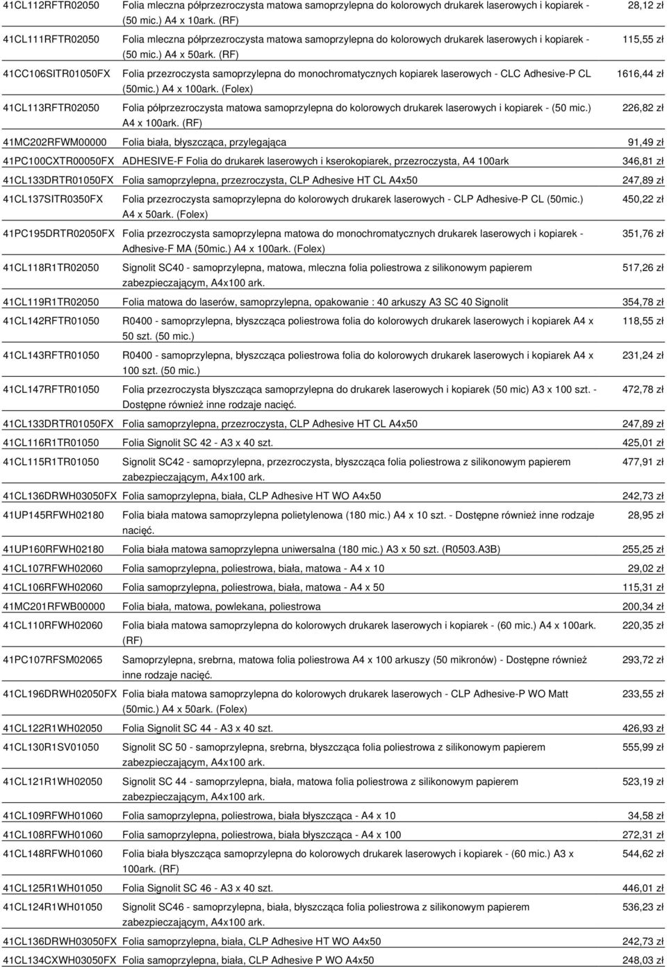 (RF) 28,12 zł 115,55 zł 41CC106SITR01050FX 41CL113RFTR02050 Folia przezroczysta samoprzylepna do monochromatycznych kopiarek laserowych - CLC Adhesive-P CL (50mic.) A4 x 100ark.