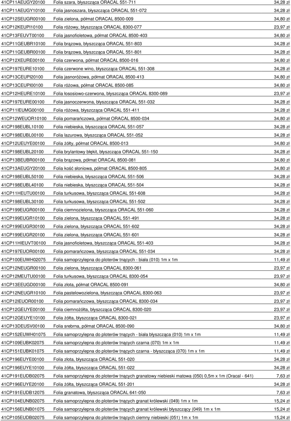 34,28 zł 41CP11GEUBR00100 Folia brązowa, błyszcząca ORACAL 551-801 34,28 zł 41CP12XEURE00100 Folia czerwona, półmat ORACAL 8500-016 34,80 zł 41CP197EURE10100 Folia czerwone wino, błyszcząca ORACAL