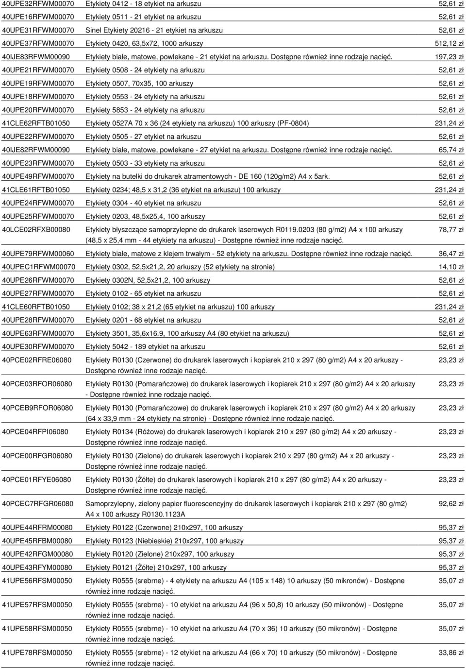 197,23 zł 40UPE21RFWM00070 Etykiety 0508-24 etykiety na arkuszu 52,61 zł 40UPE19RFWM00070 Etykiety 0507, 70x35, 100 arkuszy 52,61 zł 40UPE18RFWM00070 Etykiety 0553-24 etykiety na arkuszu 52,61 zł