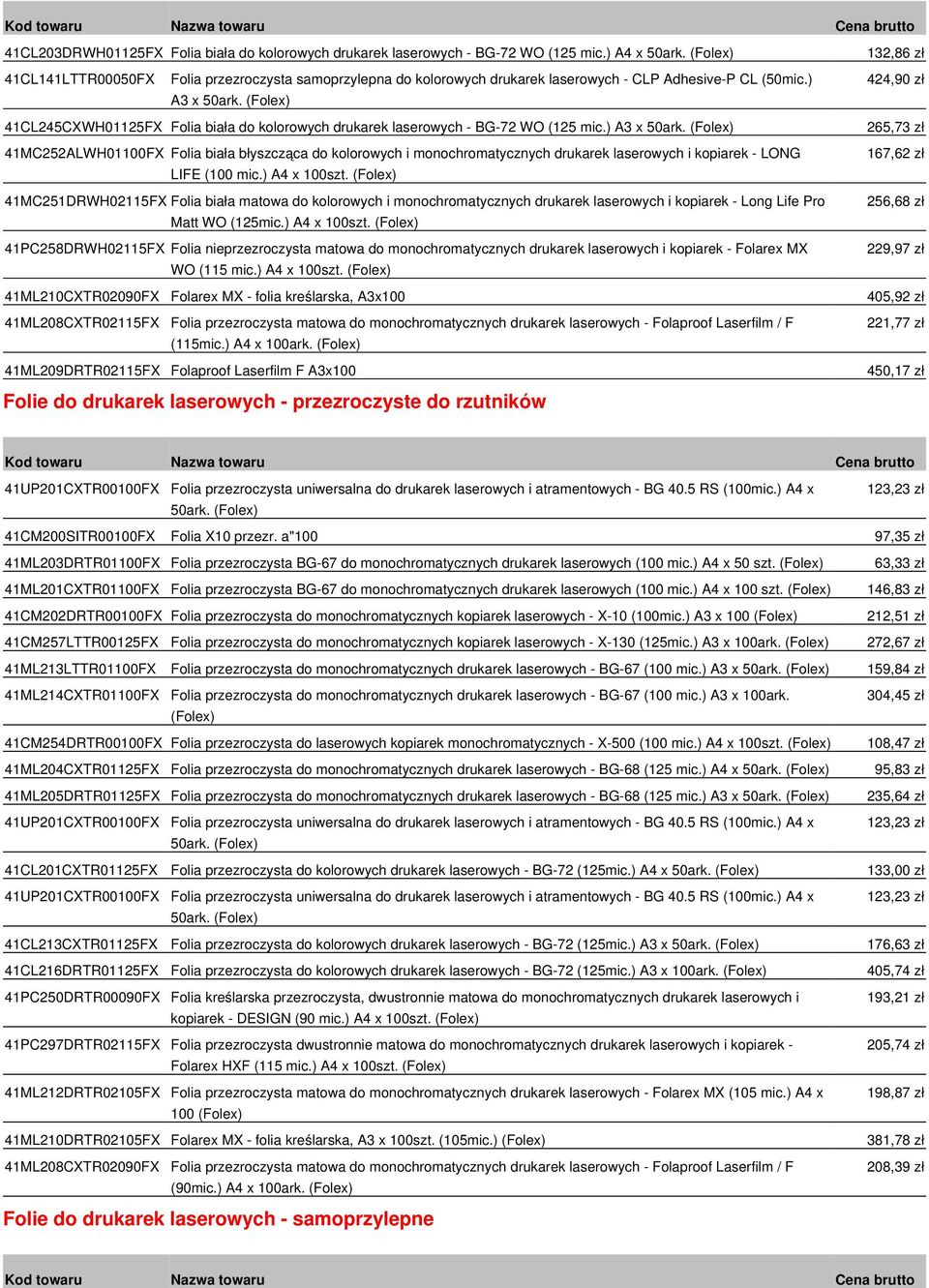 (Folex) 424,90 zł 41CL245CXWH01125FX Folia biała do kolorowych drukarek laserowych - BG-72 WO (125 mic.) A3 x 50ark.