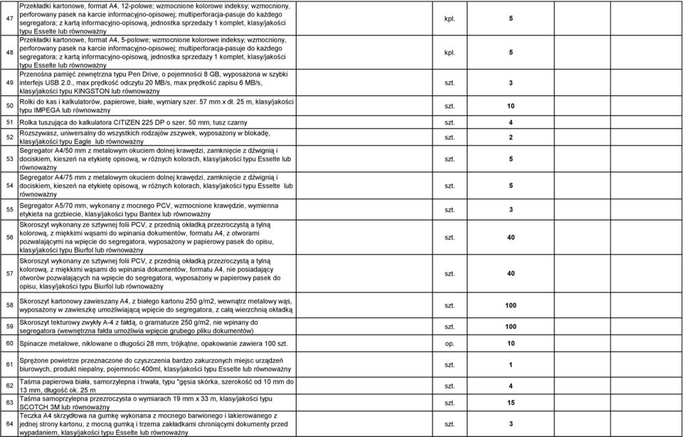 informacyjno-opisowej; multiperforacja-pasuje do każdego segregatora; z kartą informacyjno-opisową, jednostka sprzedaży 1 komplet, klasy/jakości typu Esselte Przenośna pamięć zewnętrzna typu Pen