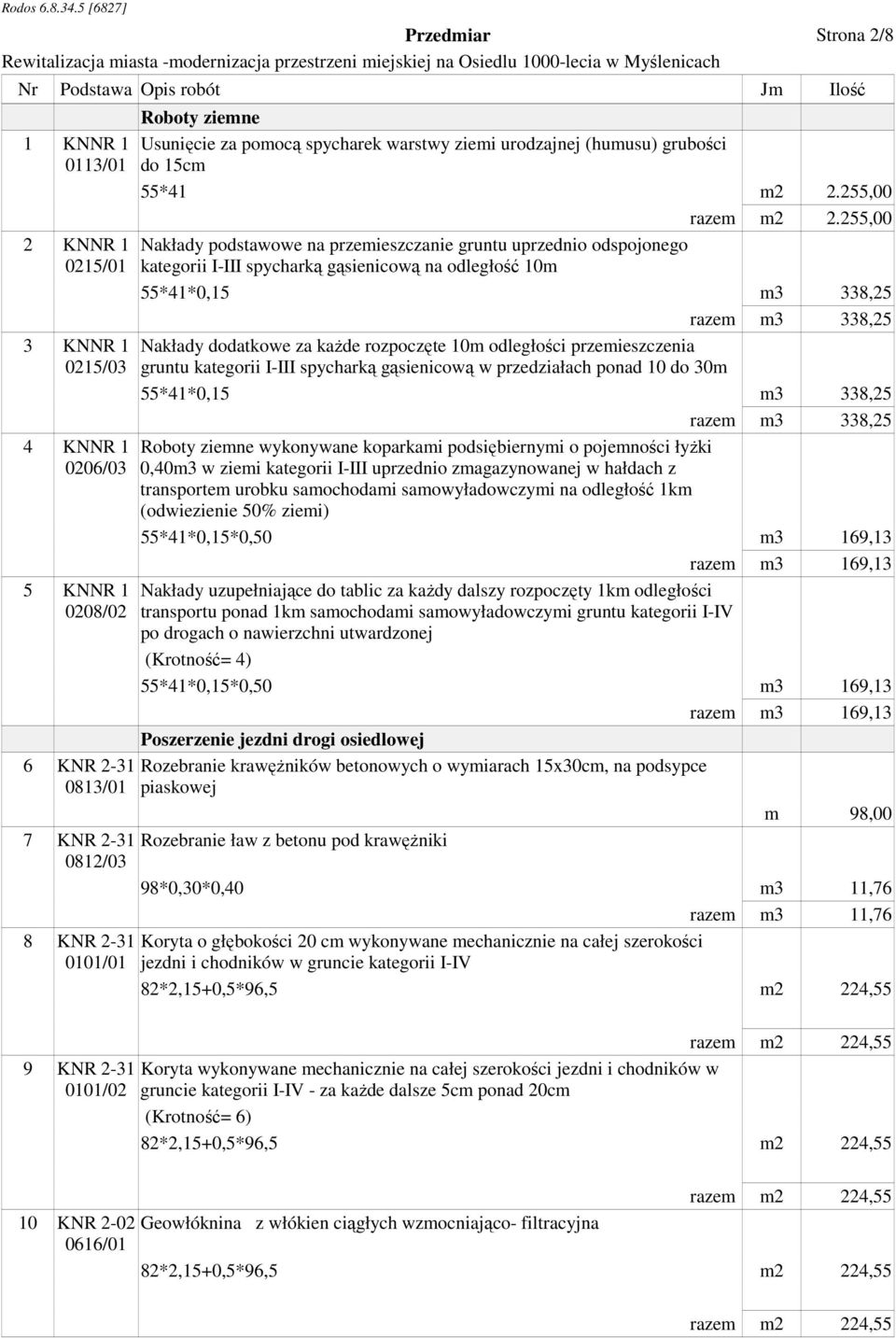 255,00 Nakłady podstawowe na przemieszczanie gruntu uprzednio odspojonego kategorii I-III spycharką gąsienicową na odległość 10m 55*41*0,15 m3 338,25 razem m3 338,25 Nakłady dodatkowe za każde