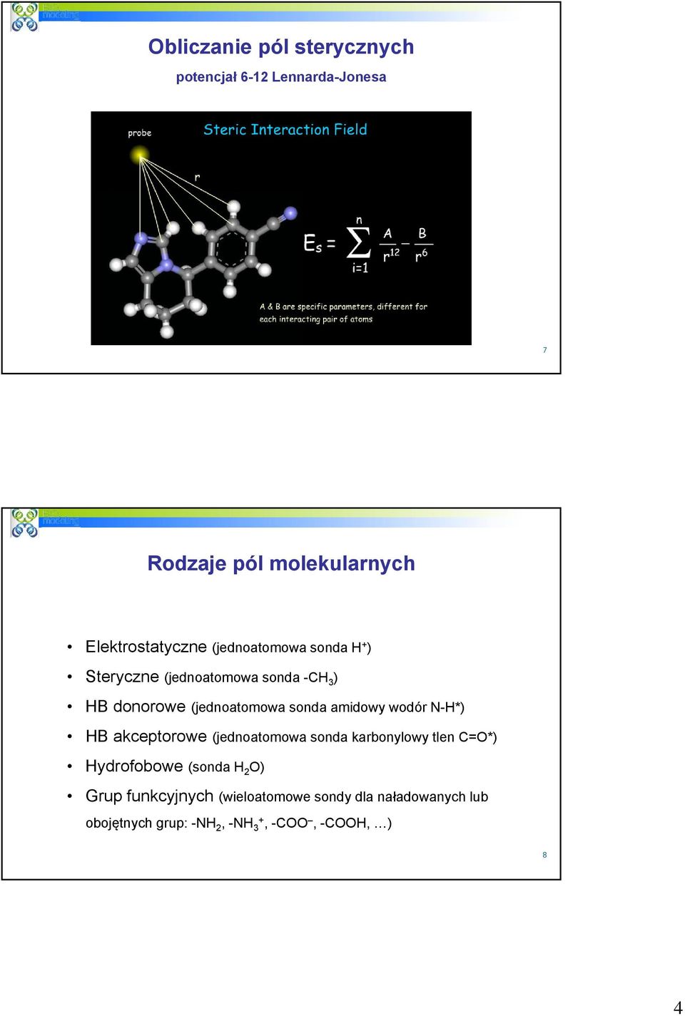 amidowy wodór N-H*) HB akceptorowe (jednoatomowa sonda karbonylowy tlen C=O*) Hydrofobowe (sonda H 2