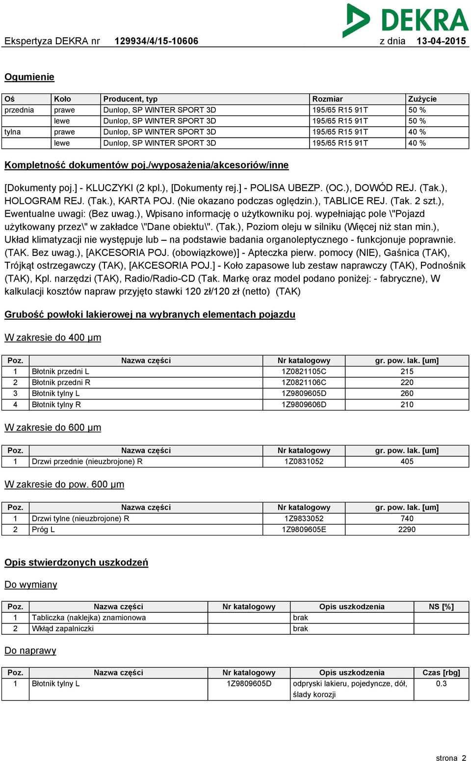 ), TABLICE REJ. (Tak. szt.), Ewentualne uwagi: (Bez uwag.), Wpisano informację o użytkowniku poj. wypełniając pole \"Pojazd użytkowany przez\" w zakładce \"Dane obiektu\". (Tak.), Poziom oleju w silniku (Więcej niż stan min.