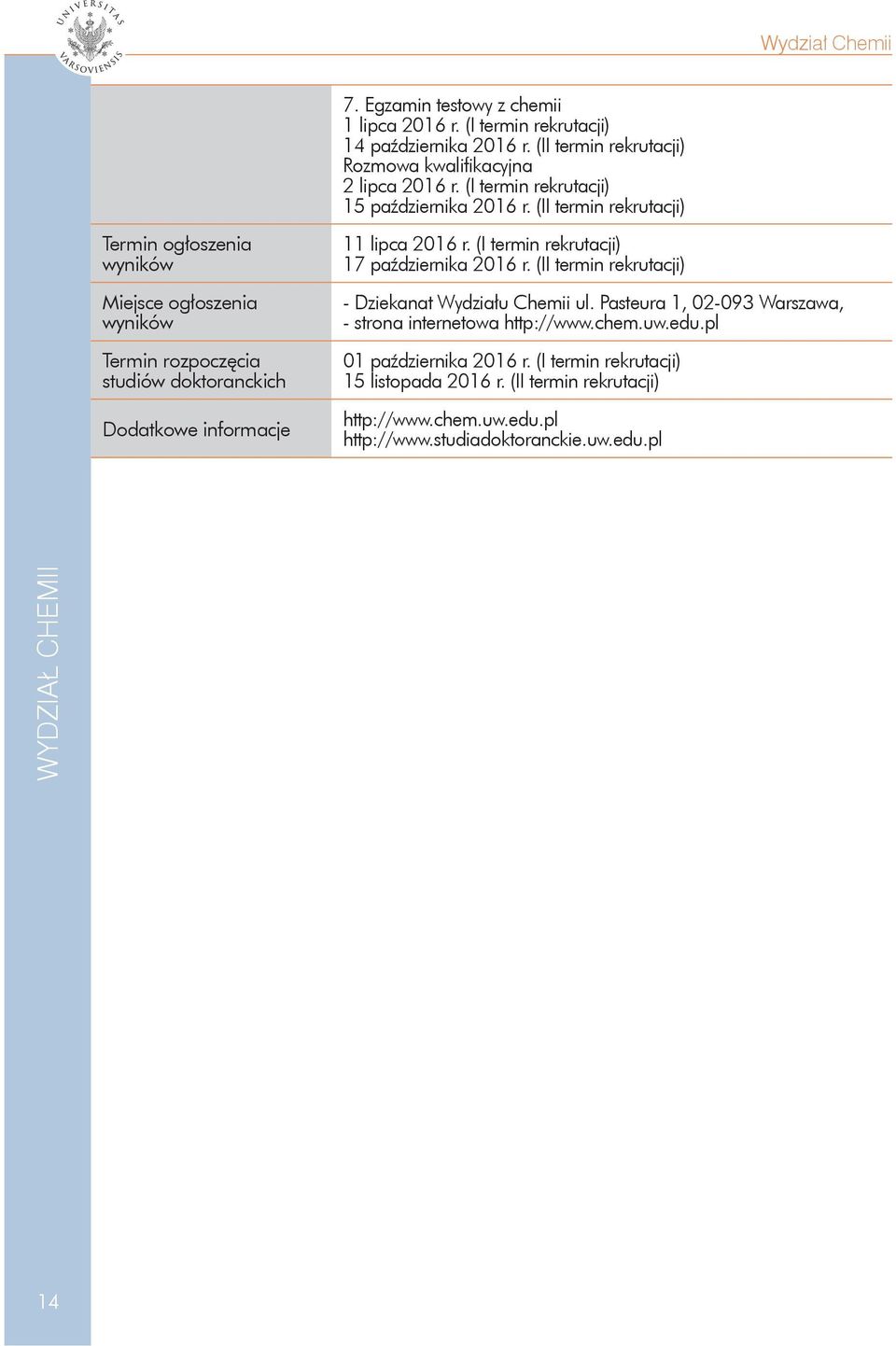 (I termin rekrutacji) 17 października 2016 r. (II termin rekrutacji) - Dziekanat Wydziału Chemii ul. Pasteura 1, 02-093 Warszawa, - strona internetowa http://www.chem.uw.