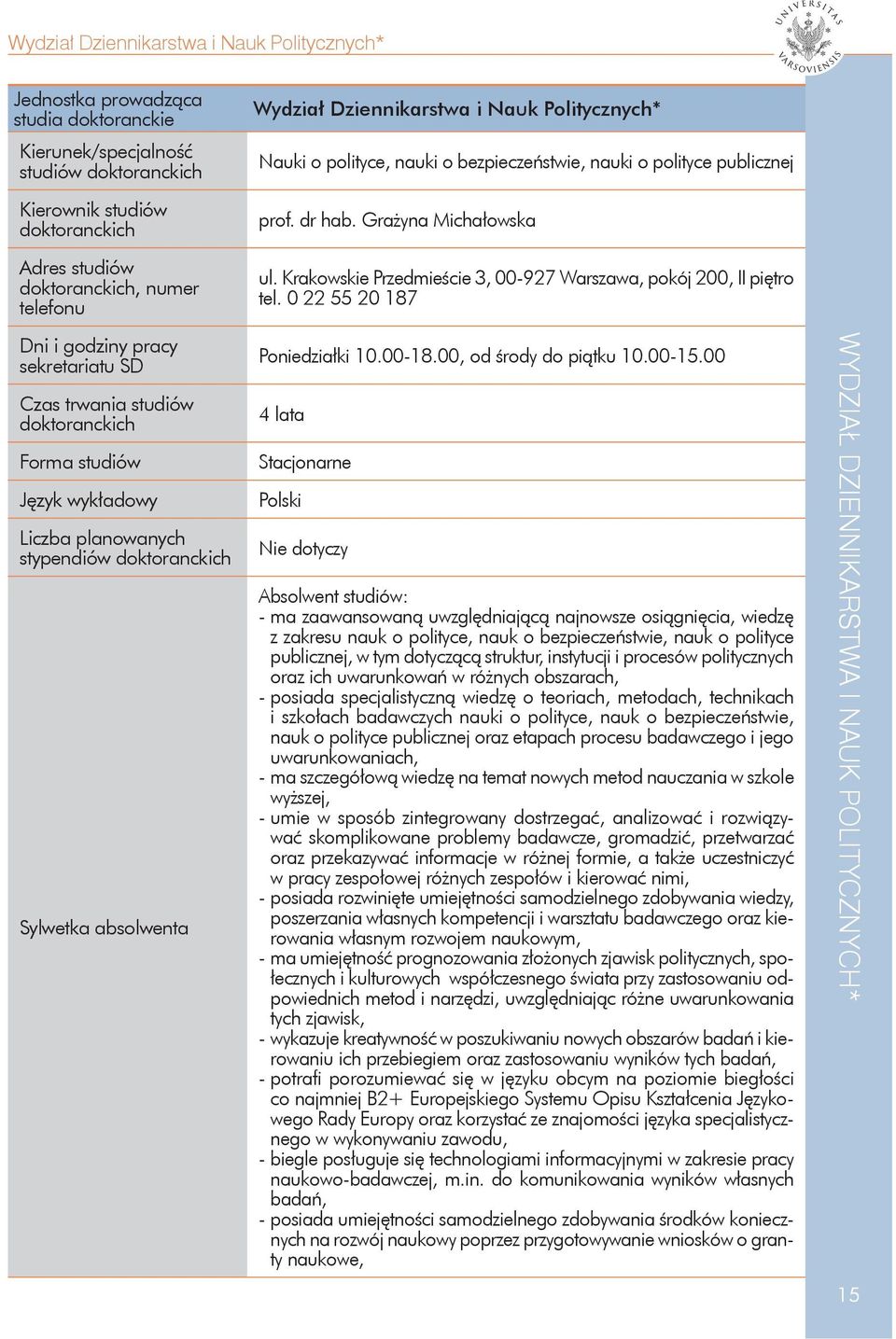 publicznej prof. dr hab. Grażyna Michałowska ul. Krakowskie Przedmieście 3, 00-927 Warszawa, pokój 200, II piętro tel. 0 22 55 20 187 Poniedziałki 10.00-18.00, od środy do piątku 10.00-15.