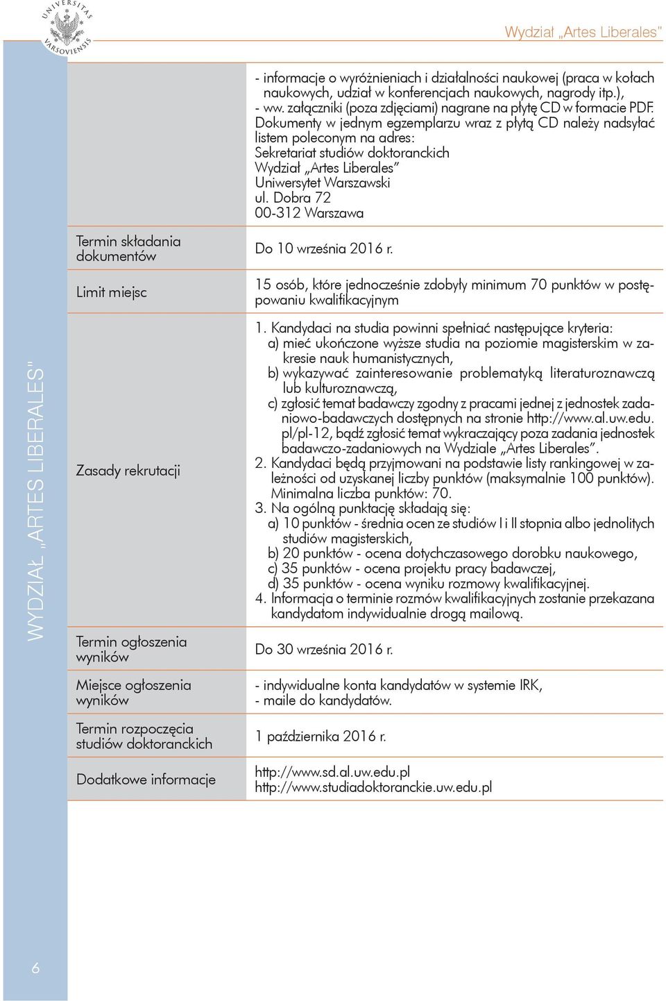 Dokumenty w jednym egzemplarzu wraz z płytą CD należy nadsyłać listem poleconym na adres: Sekretariat Wydział Artes Liberales Uniwersytet Warszawski ul.