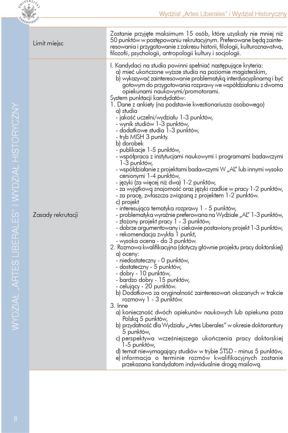 Wydział Artes Liberales i Wydział Historyczny Zasady rekrutacji I.