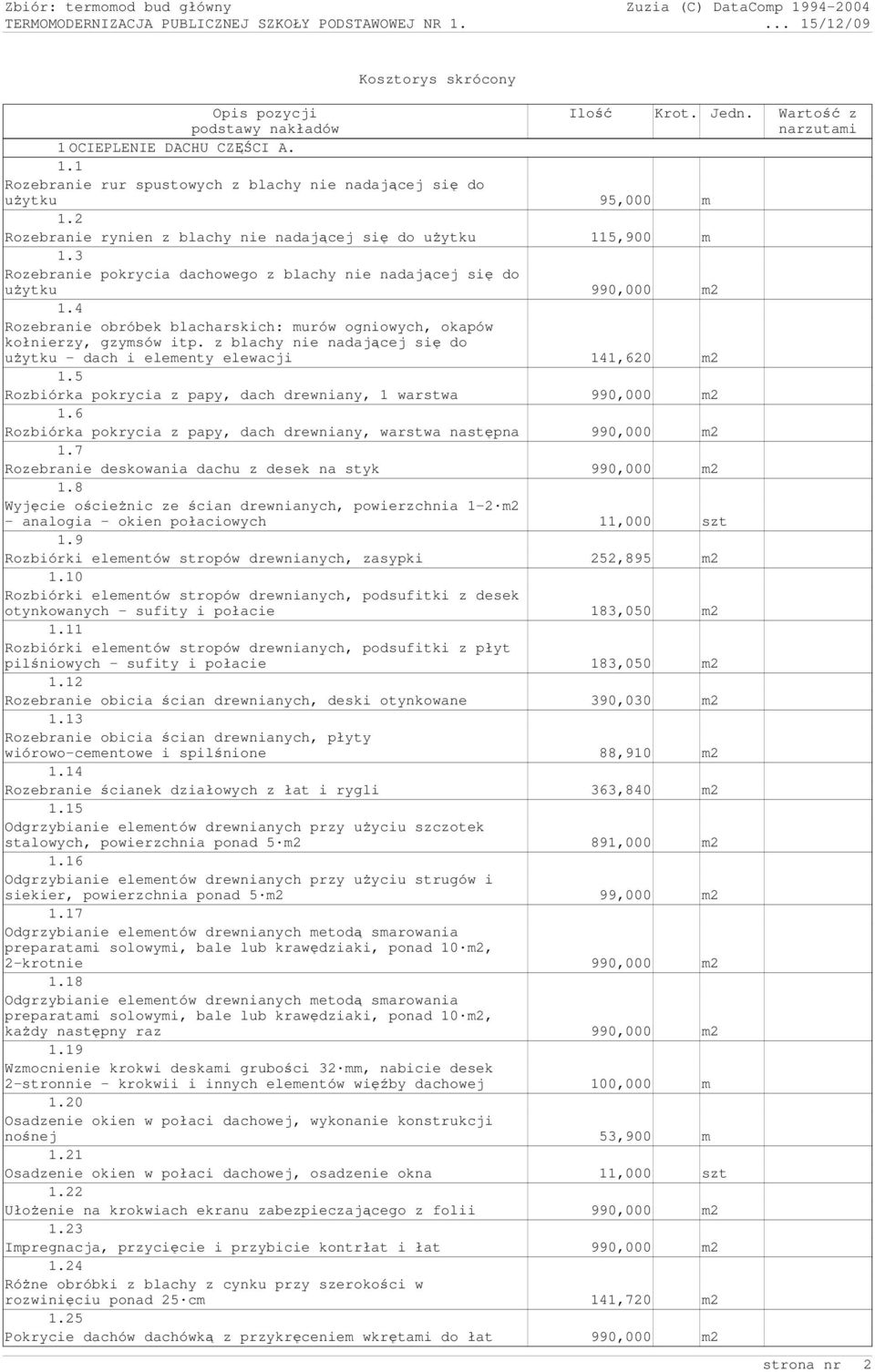 z blachy nie nadającej się do użytku - dach i elementy elewacji 141,620 m2 1.5 Rozbiórka pokrycia z papy, dach drewniany, 1 warstwa 990,000 m2 1.