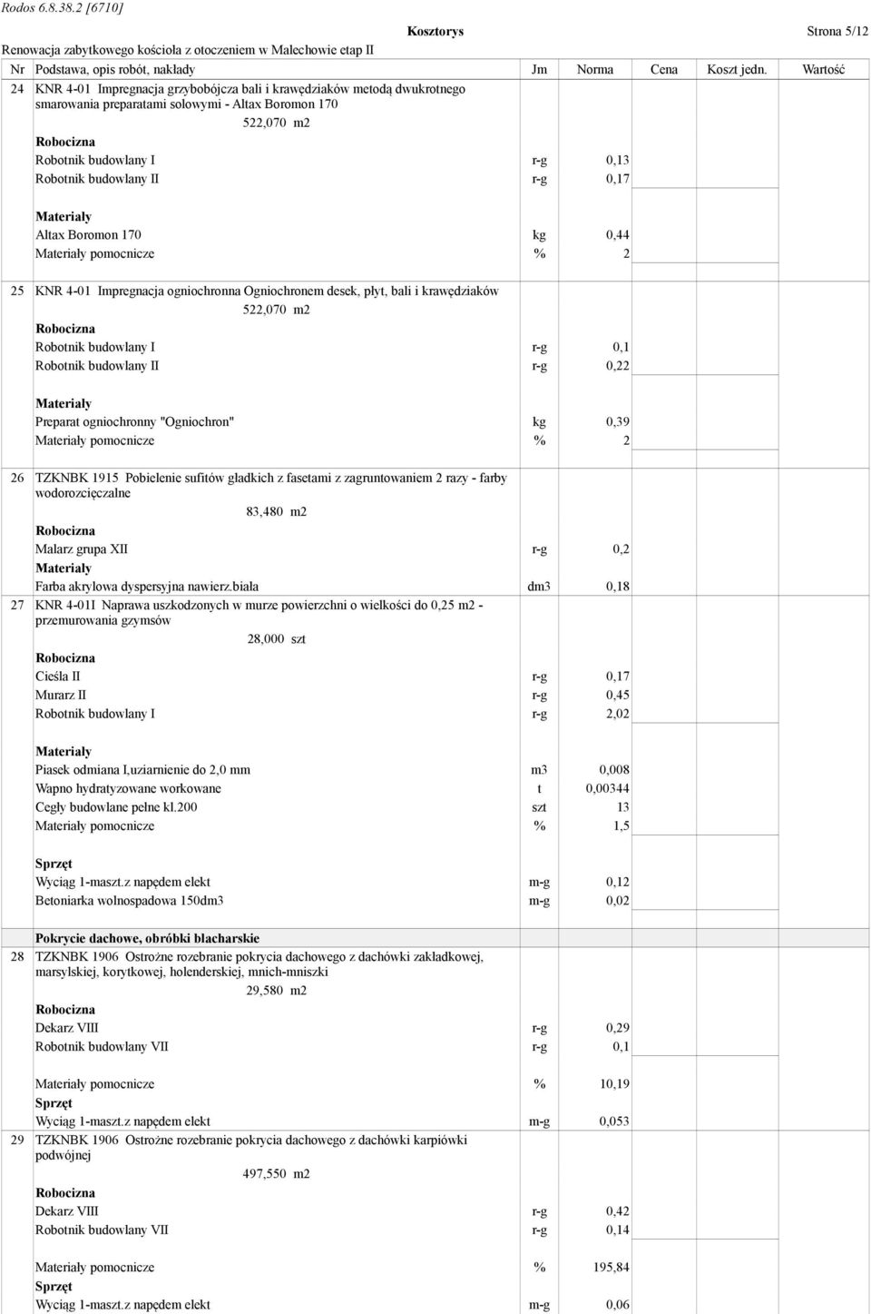 budowlany II r-g 0,22 Preparat ogniochronny "Ogniochron" kg 0,39 pomocnicze % 2 26 TZKNBK 1915 Pobielenie sufitów gładkich z fasetami z zagruntowaniem 2 razy - farby wodorozcięczalne 83,480 m2 Malarz