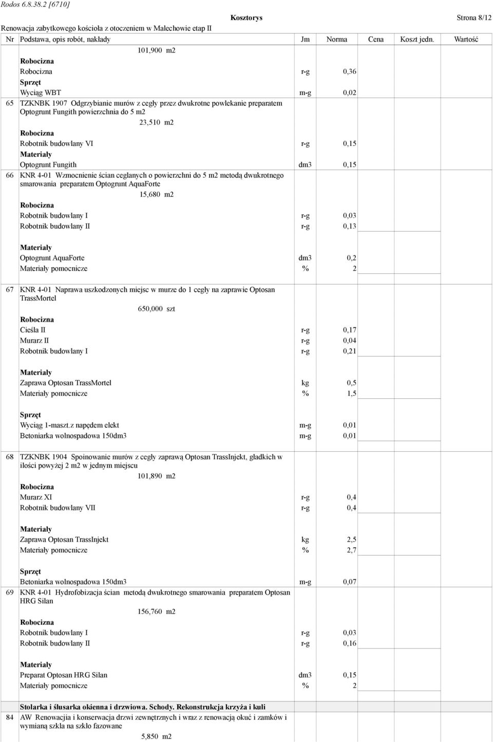 budowlany I r-g 0,03 Robotnik budowlany II r-g 0,13 Optogrunt AquaForte dm3 0,2 pomocnicze % 2 67 KNR 4-01 Naprawa uszkodzonych miejsc w murze do 1 cegły na zaprawie Optosan TrassMortel 650,000 szt