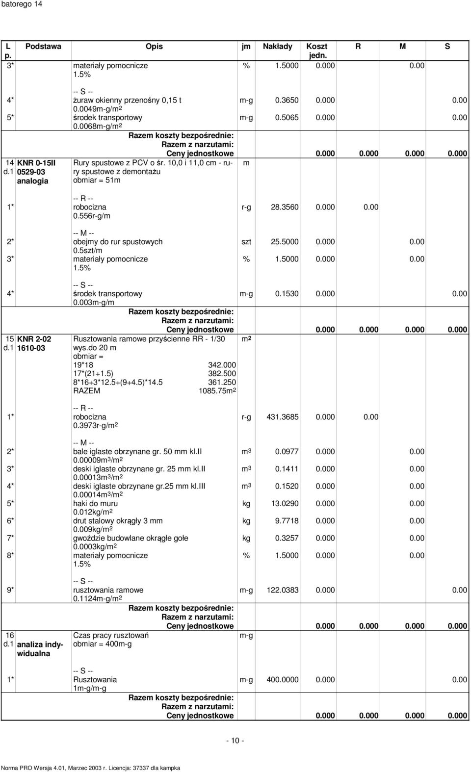 003m-g/m 15 KNR 2-02 d.1 1610-03 Rusztowania ramowe przyścienne RR - 1/30 wys.do 20 m obmiar = 19*18 342.000 17*(21+1.5) 382.500 8*16+3*12.5+(9+4.5)*14.5 361.250 1085.75 m-g 0.1530 0.000 0.