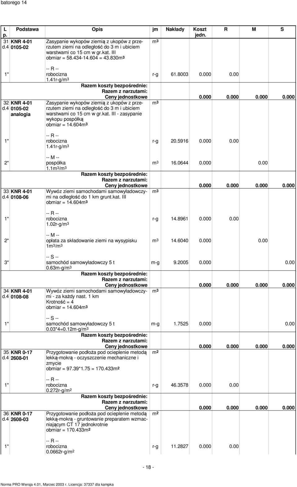 III - zasypanie wykopu pospółką obmiar = 14.604m 3 1.41r-g/m 3 r-g 20.5916 0.000 0.00 2* pospółka 1.1m 3 /m 3 m 3 16.0644 0.000 0.00 33 KNR 4-01 d.