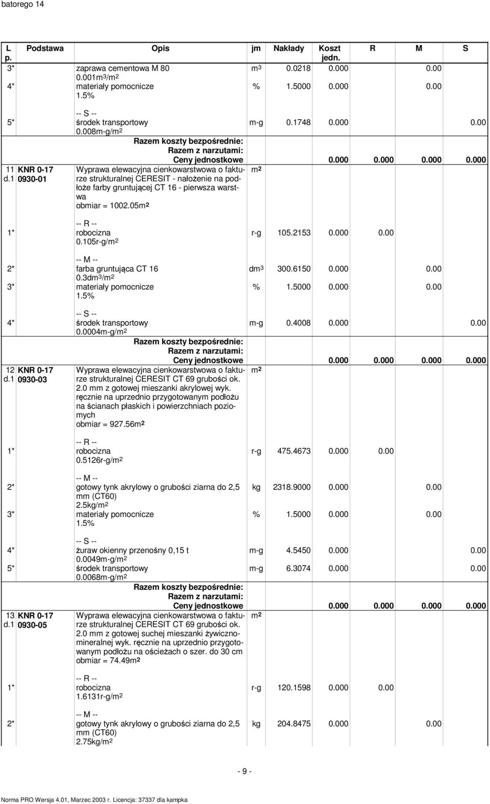 00 dm 3 300.6150 0.000 0.00 2* farba gruntująca CT 16 0.3dm 3 / 4* środek transportowy 0.0004m-g/ m-g 0.4008 0.000 0.00 12 KNR 0-17 d.