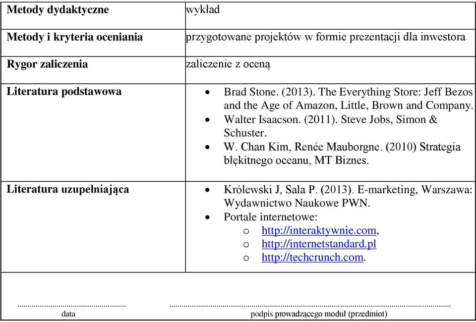 Steve Jobs, Simon & Schuster. W. Chan Kim, Renée Mauborgne. (2010) Strategia błękitnego oceanu, MT Biznes. Literatura uzupełniająca Królewski J, Sala P. (2013).