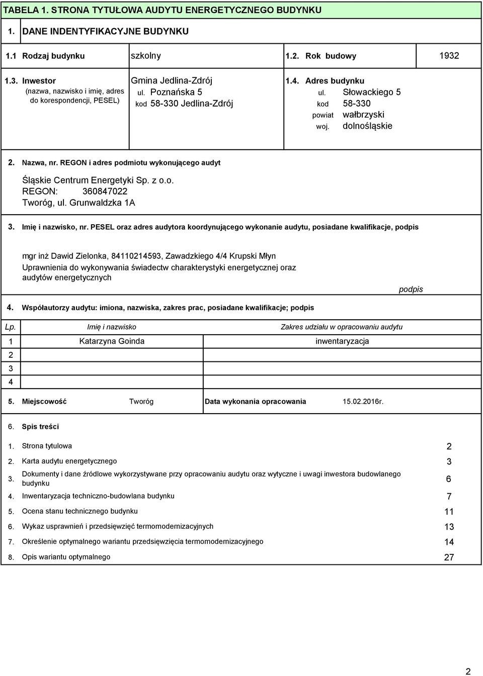 REGON i adres podmiotu wykonującego audyt Śląskie Centrum Energetyki Sp. z o.o. REGON: 360847022 Tworóg, ul. Grunwaldzka 1A 3. Imię i nazwisko, nr.