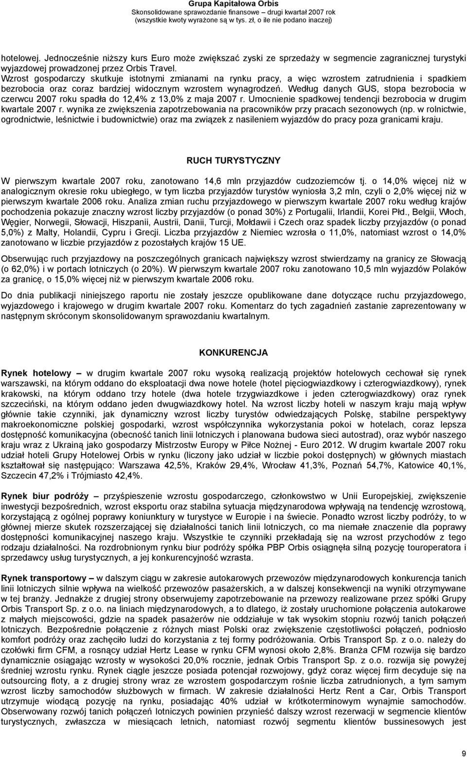 Według danych GUS, stopa bezrobocia w czerwcu 2007 roku spadła do 12,4% z 13,0% z maja 2007 r. Umocnienie spadkowej tendencji bezrobocia w drugim kwartale 2007 r.