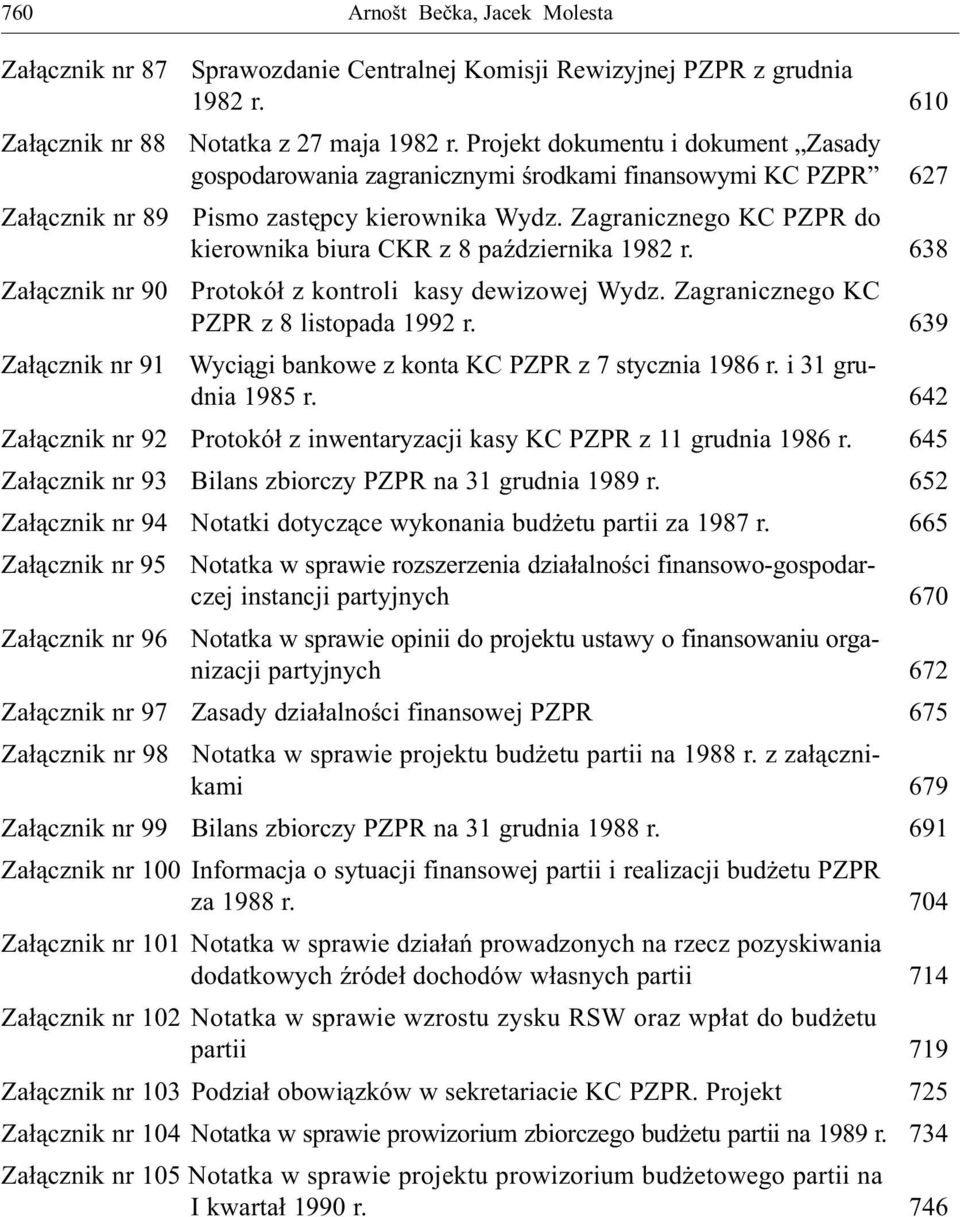 638 Za³¹cznik nr 90 Protokó³ z kontroli kasy dewizowej Wydz. Zagranicznego KC PZPR z 8 listopada 1992 r. 639 Za³¹cznik nr 91 Wyci¹gi bankowe z konta KC PZPR z 7 stycznia 1986 r. i 31 grudnia 1985 r.