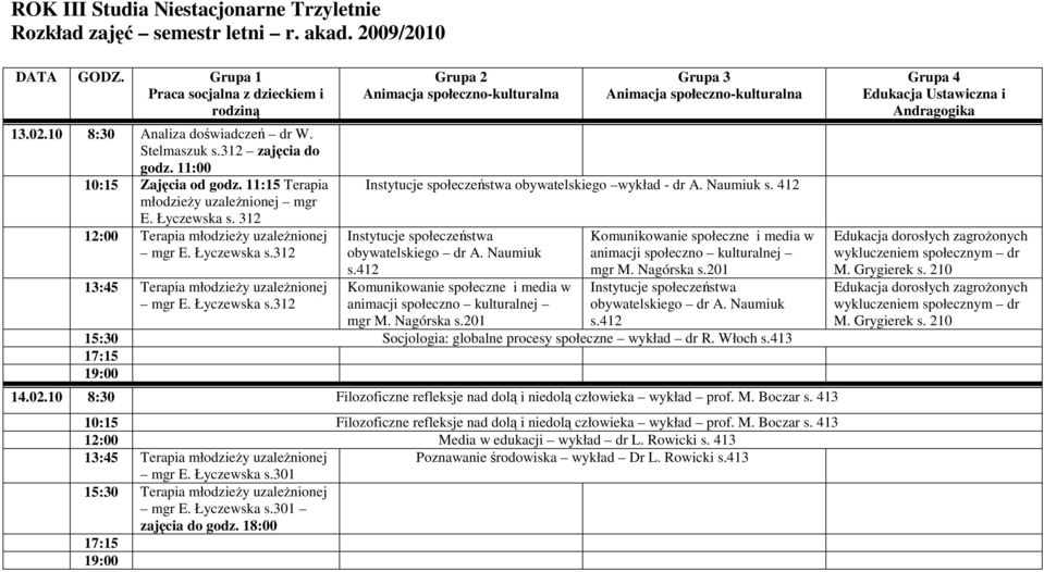 Łyczewska obywatelskiego wykład - dr A. Naumiuk s. 412 obywatelskiego dr A. Naumiuk s.412 animacji społeczno kulturalnej animacji społeczno kulturalnej mgr M. Nagórska s.201 obywatelskiego dr A.