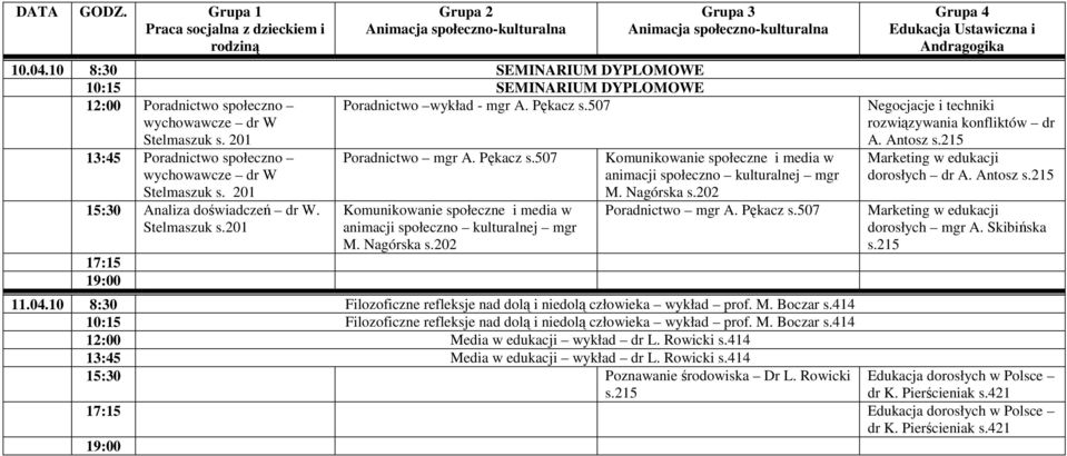 M. Boczar s.414 10:15 Filozoficzne refleksje nad dolą i niedolą człowieka wykład prof. M. Boczar s.414 12:00 Media w edukacji wykład dr L. Rowicki s.414 13:45 Media w edukacji wykład dr L. Rowicki s.414 15:30 Poznawanie środowiska Dr L.