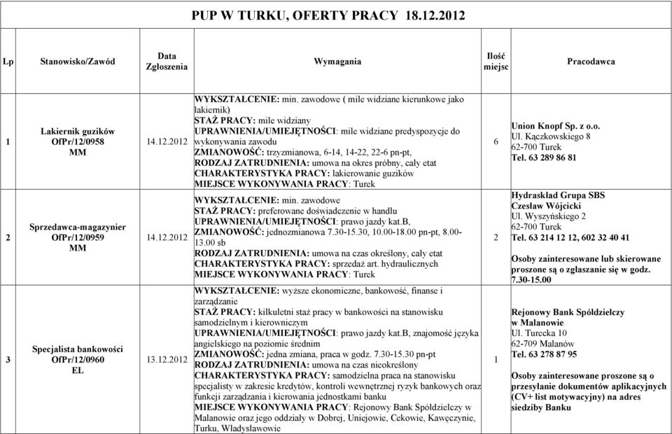 zawodowe ( mile widziane kierunkowe jako lakiernik) UPRAWNIENIA/UMIEJĘTNOŚCI: mile widziane predyspozycje do wykonywania zawodu ZMIANOWOŚĆ: trzyzmianowa, 6-4, 4-, -6 pn-pt, RODZAJ ZATRUDNIENIA: umowa