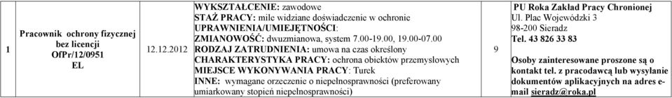 00 RODZAJ ZATRUDNIENIA: umowa na czas określony CHARAKTERYSTYKA PRACY: ochrona obiektów przemysłowych INNE: wymagane orzeczenie o niepełnosprawności