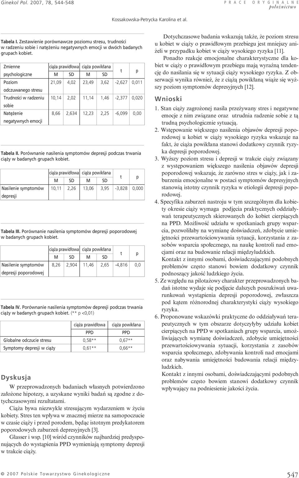 Zmienne psychologiczne Poziom odczuwanego stresu TrudnoÊci w radzeniu sobie Nat enie negatywnych emocji Tabela II.