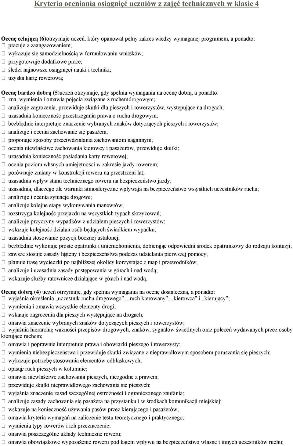 spełnia wymagania na ocenę dobrą, a ponadto: zna, wymienia i omawia pojęcia związane z ruchem drogowym; analizuje zagrożenia, przewiduje skutki dla pieszych i rowerzystów, występujące na drogach;