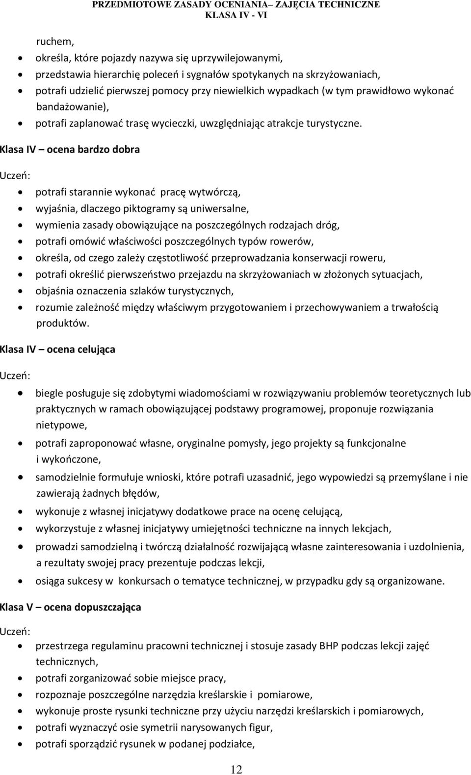 Klasa IV ocena bardzo dobra potrafi starannie wykonać pracę wytwórczą, wyjaśnia, dlaczego piktogramy są uniwersalne, wymienia zasady obowiązujące na poszczególnych rodzajach dróg, potrafi omówić