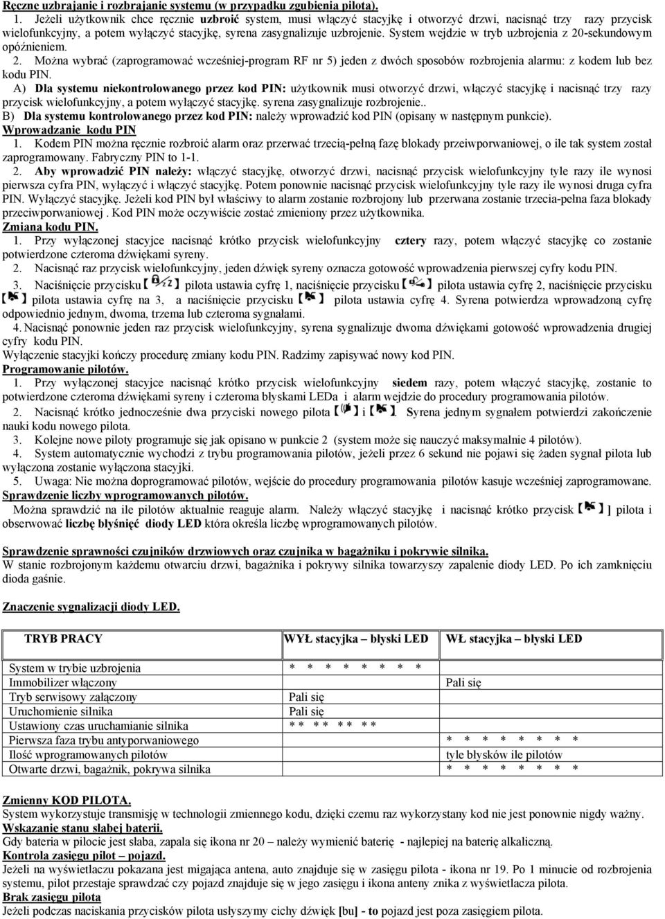 System wejdzie w tryb uzbrojenia z 20-sekundowym opóźnieniem. 2. Można wybrać (zaprogramować wcześniej-program RF nr 5) jeden z dwóch sposobów rozbrojenia alarmu: z kodem lub bez kodu PIN.