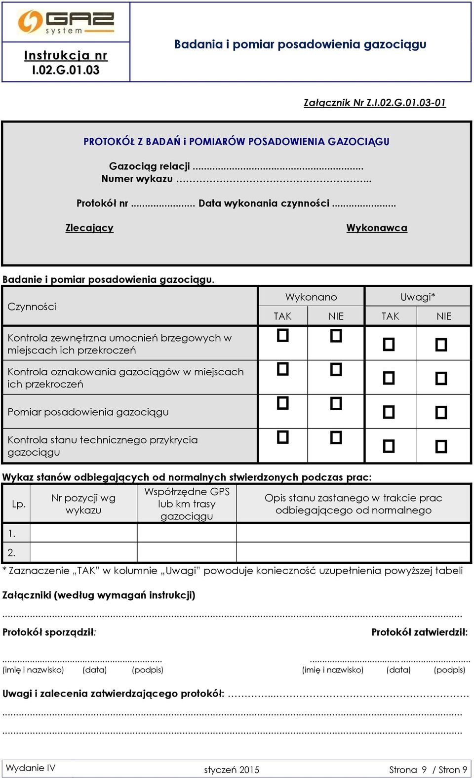 Czynności Wykonano Uwagi* TAK NIE TAK NIE Kontrola zewnętrzna umocnień brzegowych w miejscach ich przekroczeń Kontrola oznakowania gazociągów w miejscach ich przekroczeń Pomiar posadowienia gazociągu