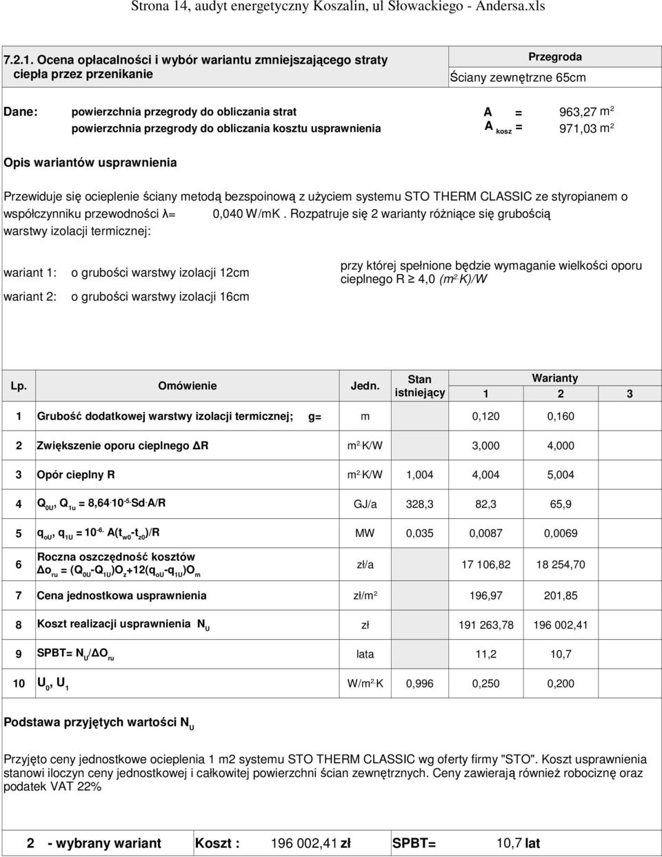 Ocena opłacalności i wybór wariantu zmniejszającego straty ciepła przez przenikanie Przegroda Ściany zewnętrzne 65cm Dane: powierzchnia przegrody do obliczania strat A = 963,27 powierzchnia przegrody