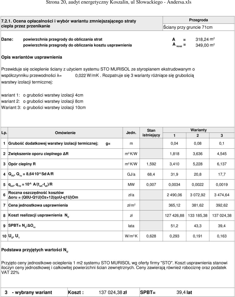 przegrody do obliczania kosztu usprawnienia A kosz = 349,00 m 2 m 2 Opis wariantów usprawnienia Przewiduje się ocieplenie ściany z uŝyciem systemu STO MURISOL ze styropianem ekstrudowanym o