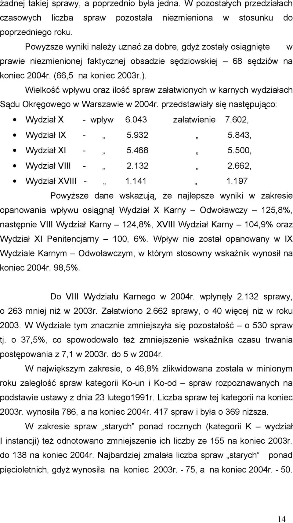 Wielkość wpływu oraz ilość spraw załatwionych w karnych wydziałach Sądu Okręgowego w Warszawie w 2004r. przedstawiały się następująco: Wydział X - wpływ 6.043 załatwienie 7.602, Wydział IX - 5.932 5.