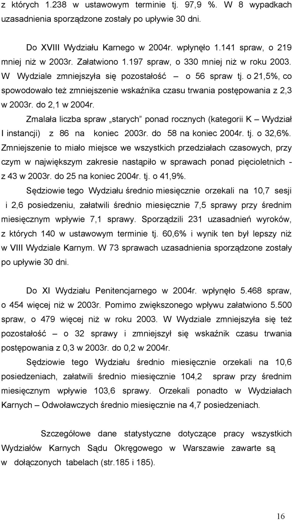 do 2,1 w 2004r. Zmalała liczba spraw starych ponad rocznych (kategorii K Wydział I instancji) z 86 na koniec 2003r. do 58 na koniec 2004r. tj. o 32,6%.