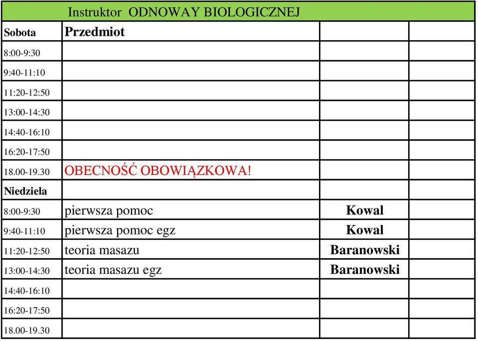 8:00-9:30 pierwsza pomoc Kowal 9:40-11:10 pierwsza pomoc egz Kowal 11:20-12:50