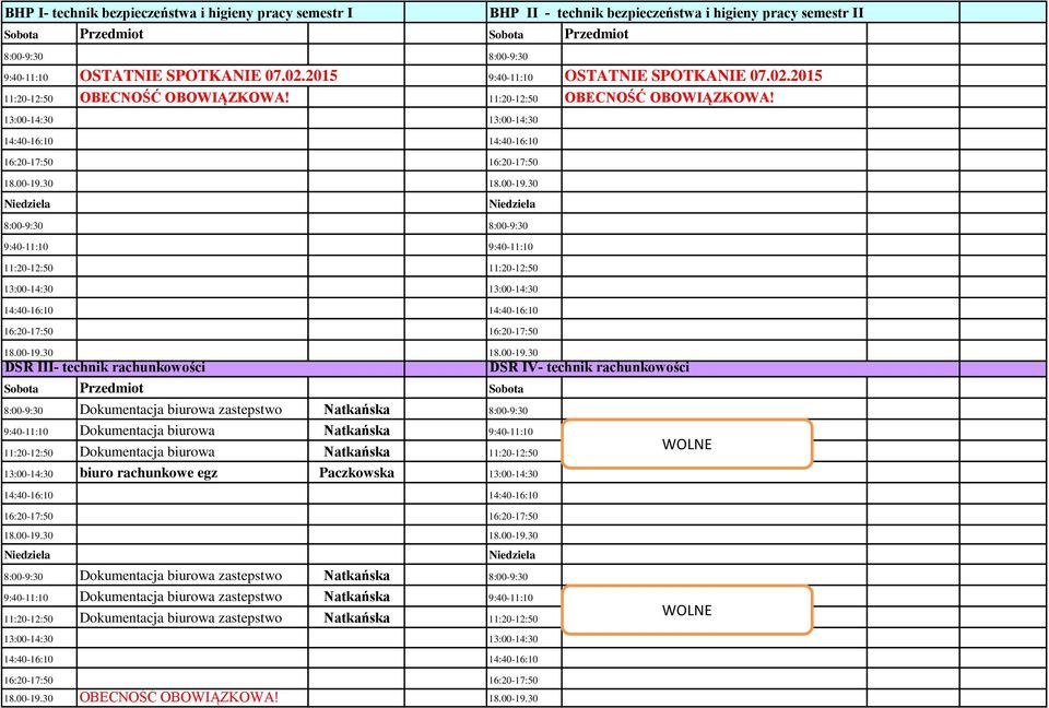 8:00-9:30 8:00-9:30 DSR III- technik rachunkowości Sobota Przedmiot Sobota 8:00-9:30 Dokumentacja biurowa zastepstwo Natkańska 8:00-9:30 9:40-11:10 Dokumentacja biurowa Natkańska 9:40-11:10