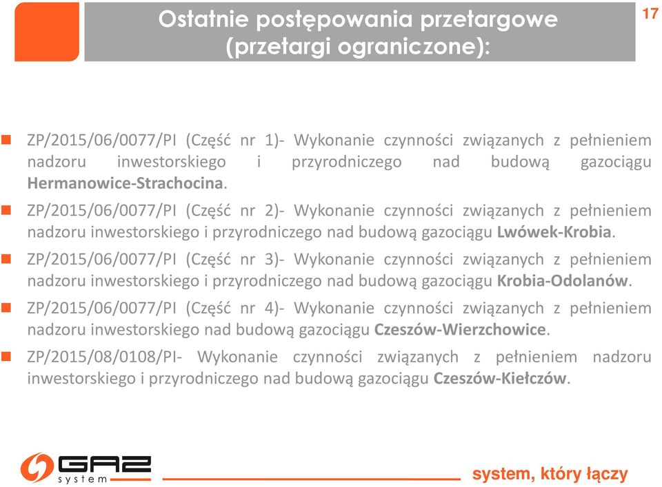 ZP/2015/06/0077/PI (Część nr 3)- Wykonanie czynności związanych z pełnieniem nadzoru inwestorskiego i przyrodniczego nad budową gazociągukrobia-odolanów.