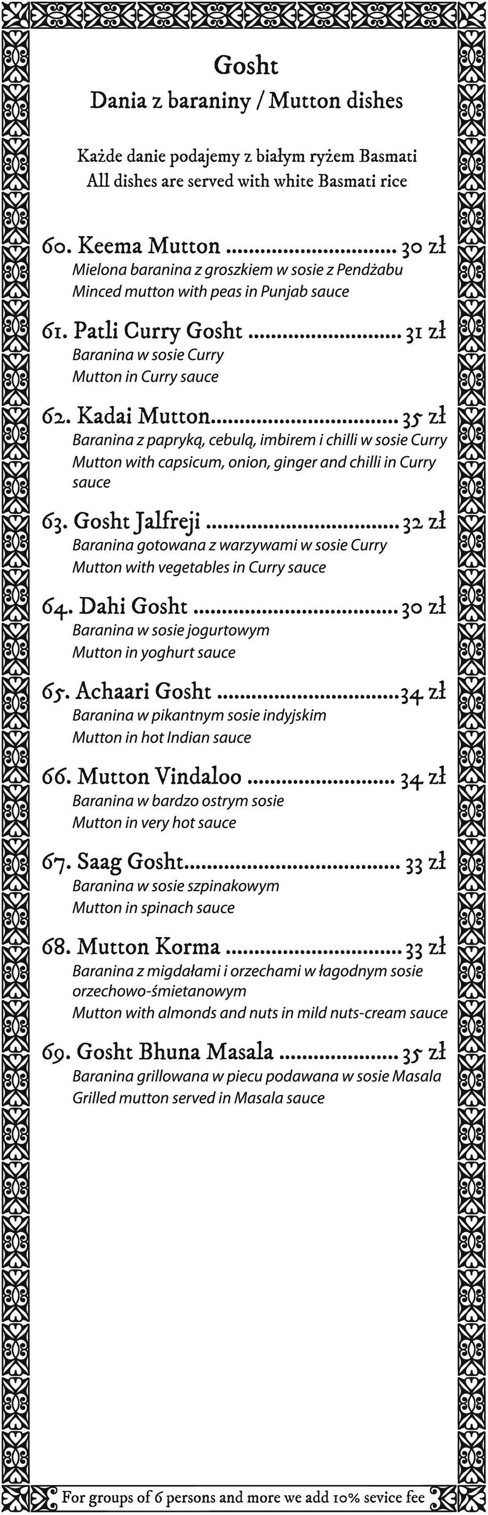 .. 35 zł Baranina z papryką, cebulą, imbirem i chilli w sosie Curry Mutton with capsicum, onion, ginger and chilli in Curry sauce 63. Gosht Jalfreji.